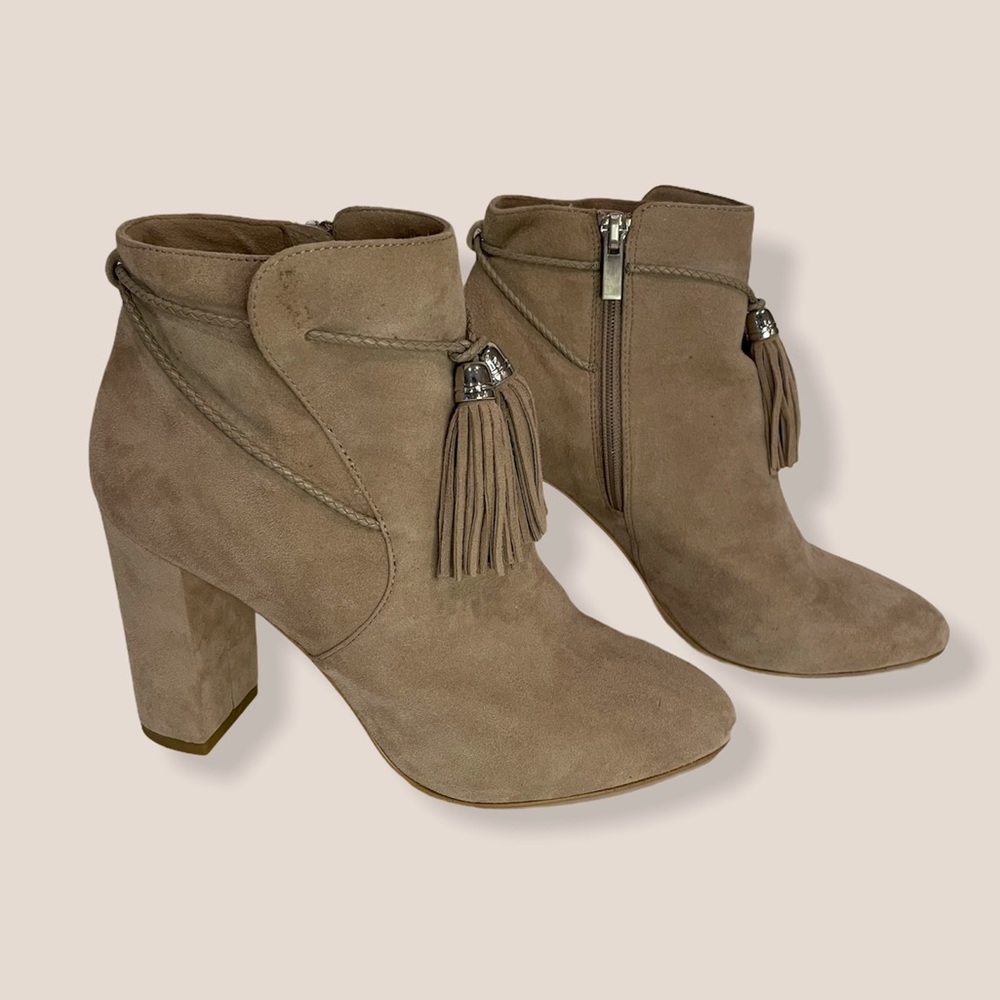 Pelle Moda tan suede tassel block heel bootie 7.5